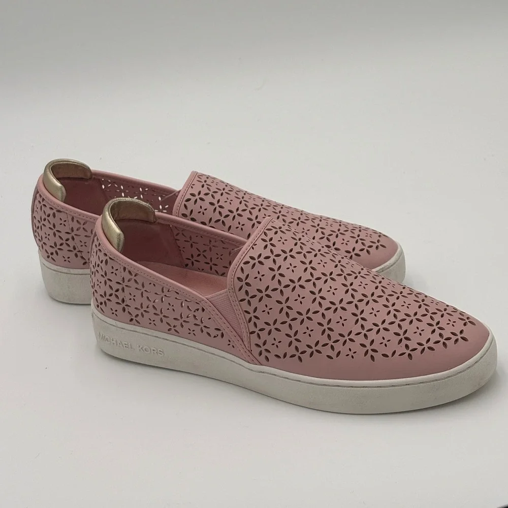 Michael Kors Womens Ophelia Slip On Sneakers Size 9.5 Pink Leather Gold Accent